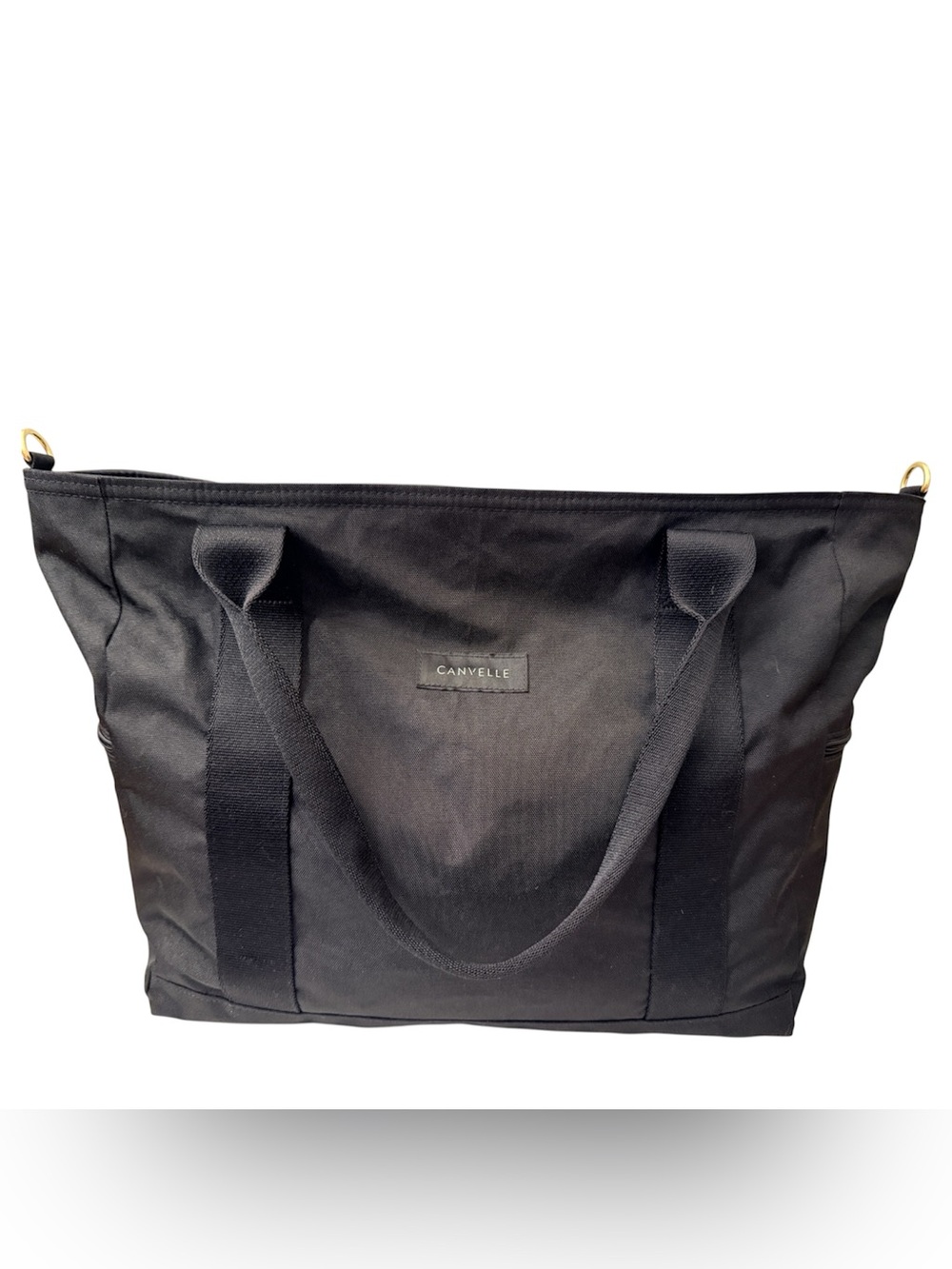 Canvelle Black Tote Bag Nylon Travel Work Carryall Gold Hardware
